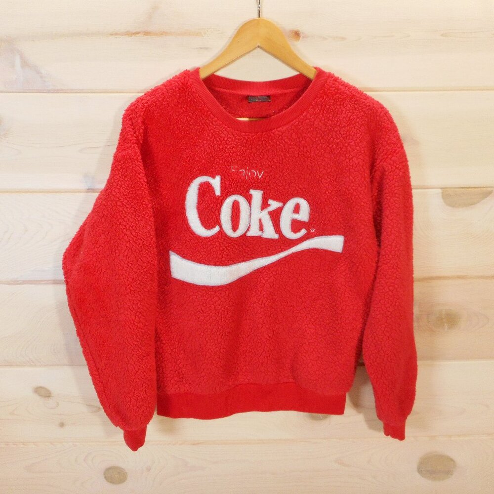 Enjoy Coke Red Sweatshirt Women's Size S Deep Pile Fleece Coca-Cola Pullover